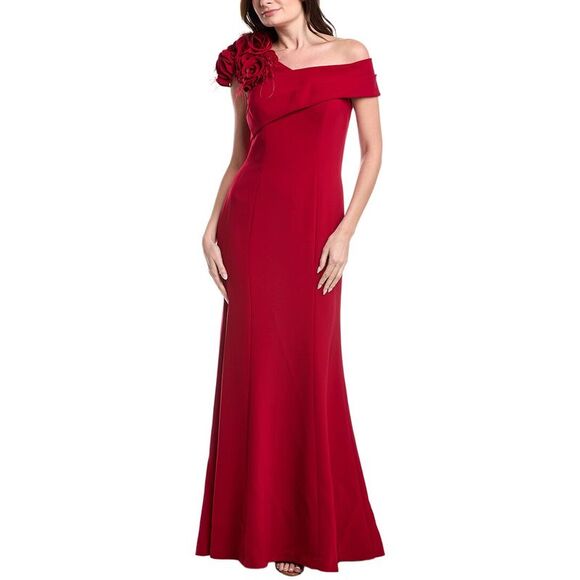Teri Jon By Rickie Freeman WomensCrepe Asymmetrical Flower & Feather Shoulder